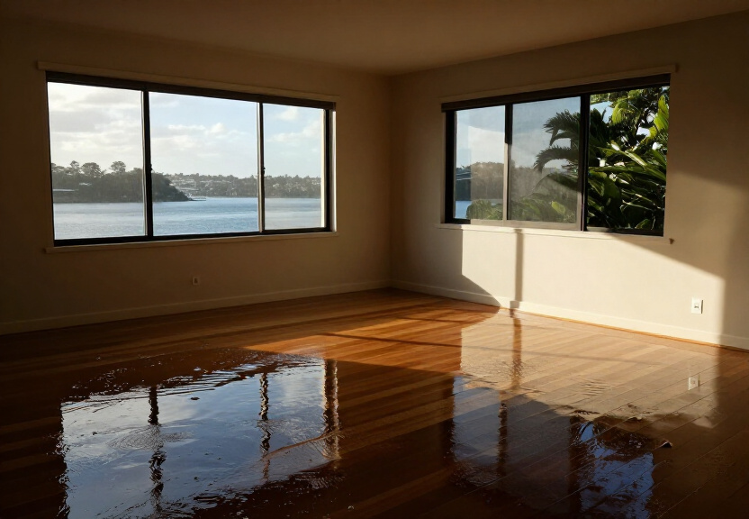 Flooded living room in Cabarita before restoration
